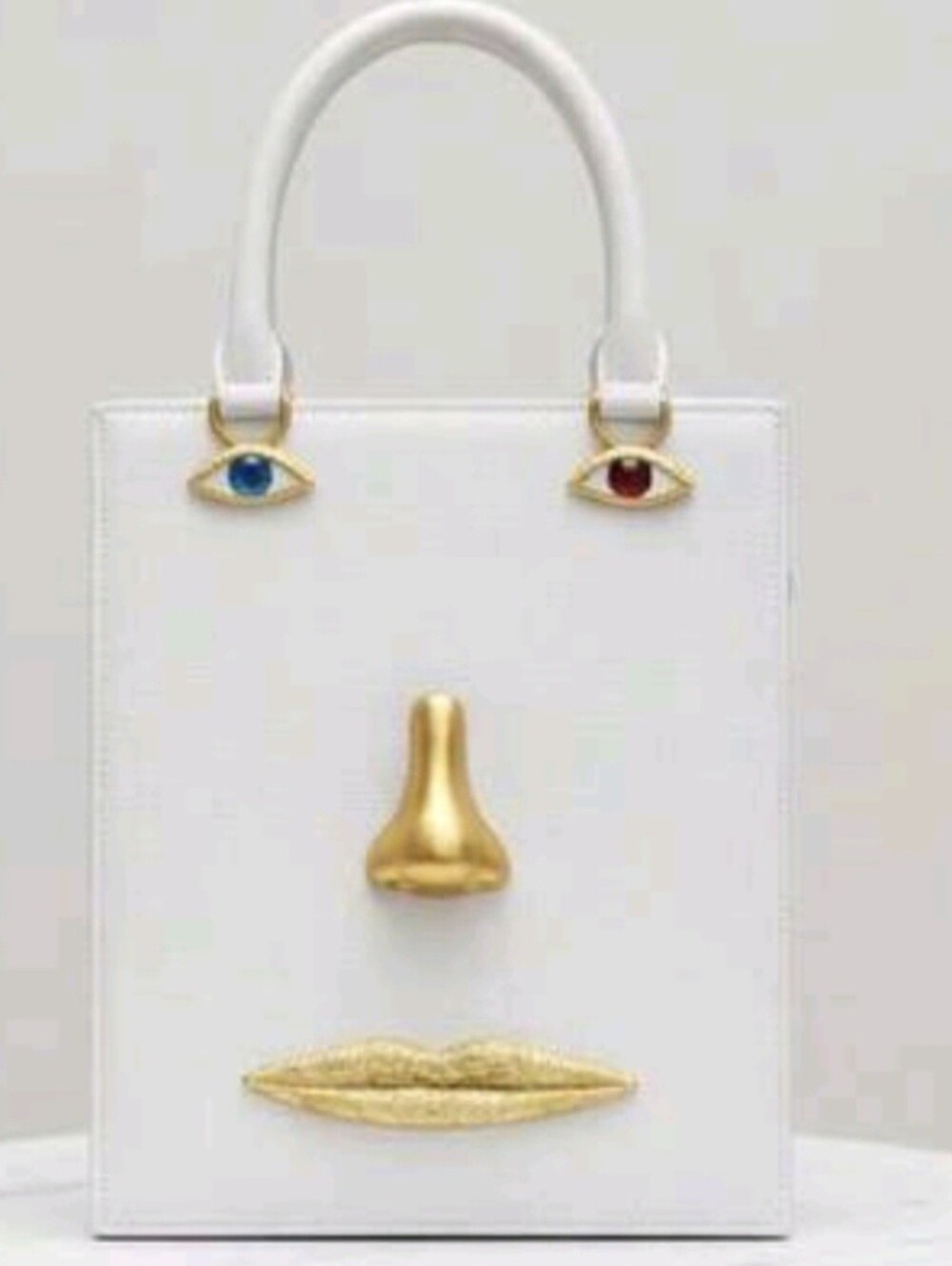Schiaparelli Inspired White Novelty Face Tote Bag with Gold Accents